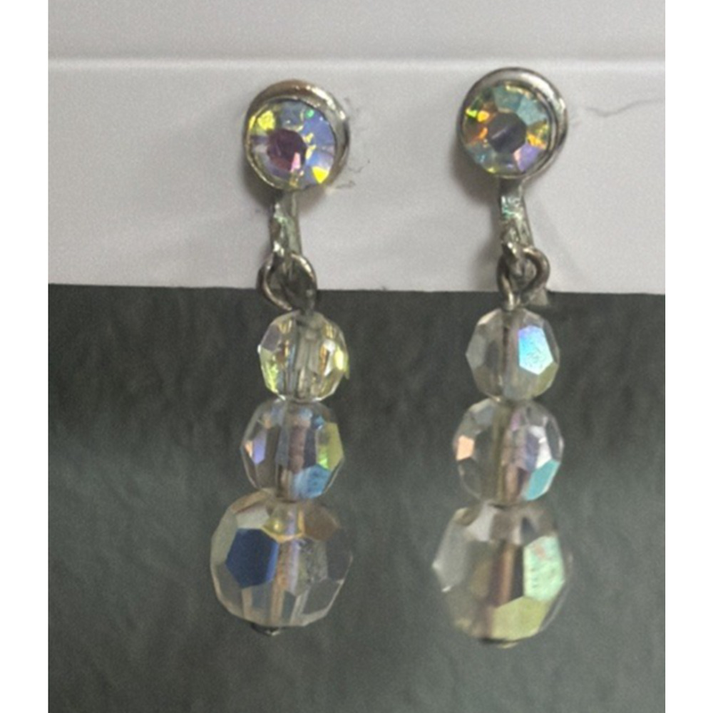 Vintage Clear Aurora Borealis AB Crystal Bead Dangle Screw Back Earrings